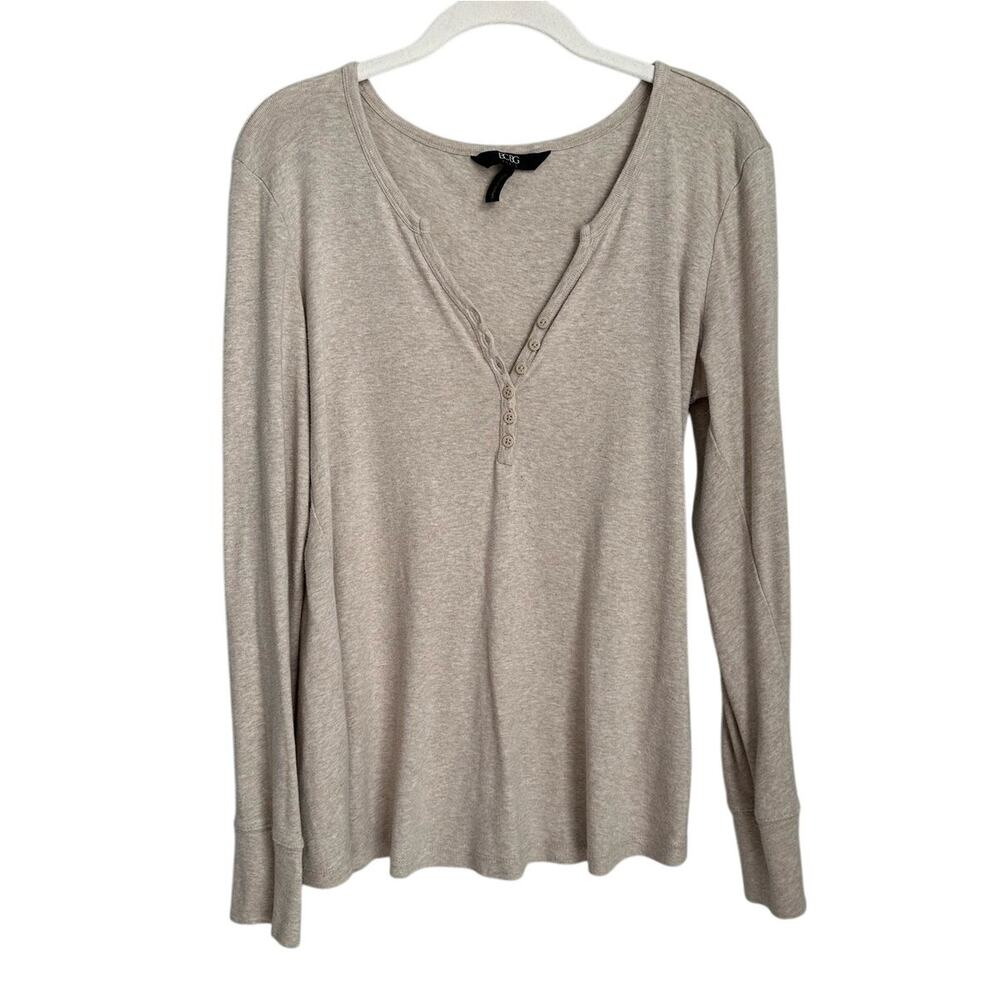 Vintage BCBG Paris Beige Long Sleeve Cotton Blend Henley Top Women's XL